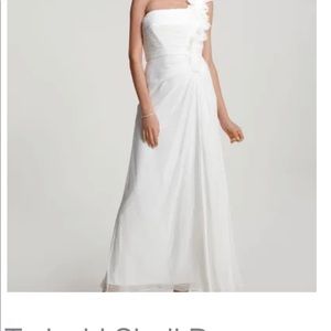 Tadashi Shoji off white evening dress, one shoulder, chiffon material.